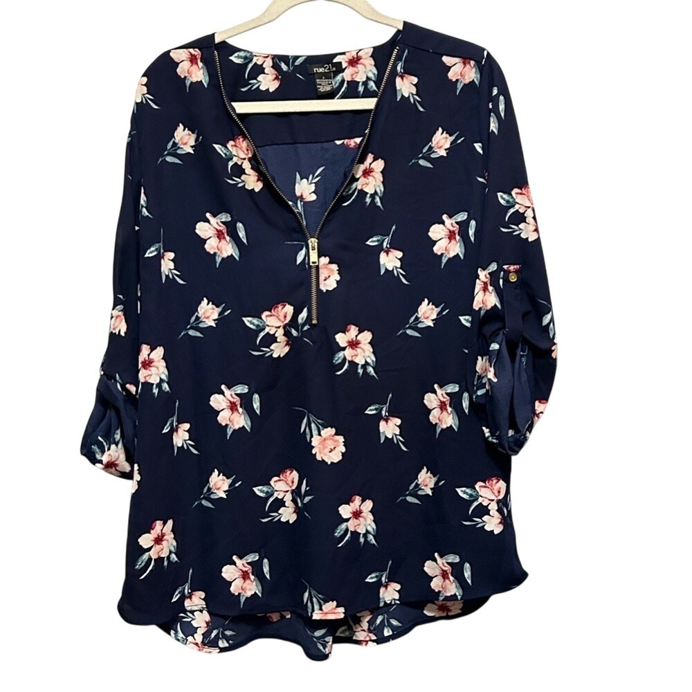 Rue 21 Navy Blue Floral Blouse Large L Roll Tab 3/4 Sleeve V Neck Zip‎ Up Top